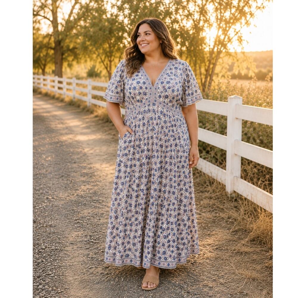 Max Studio London Blue Floral Cotton V Neck Midi Dress 2X NWOT Pockets Plus Size